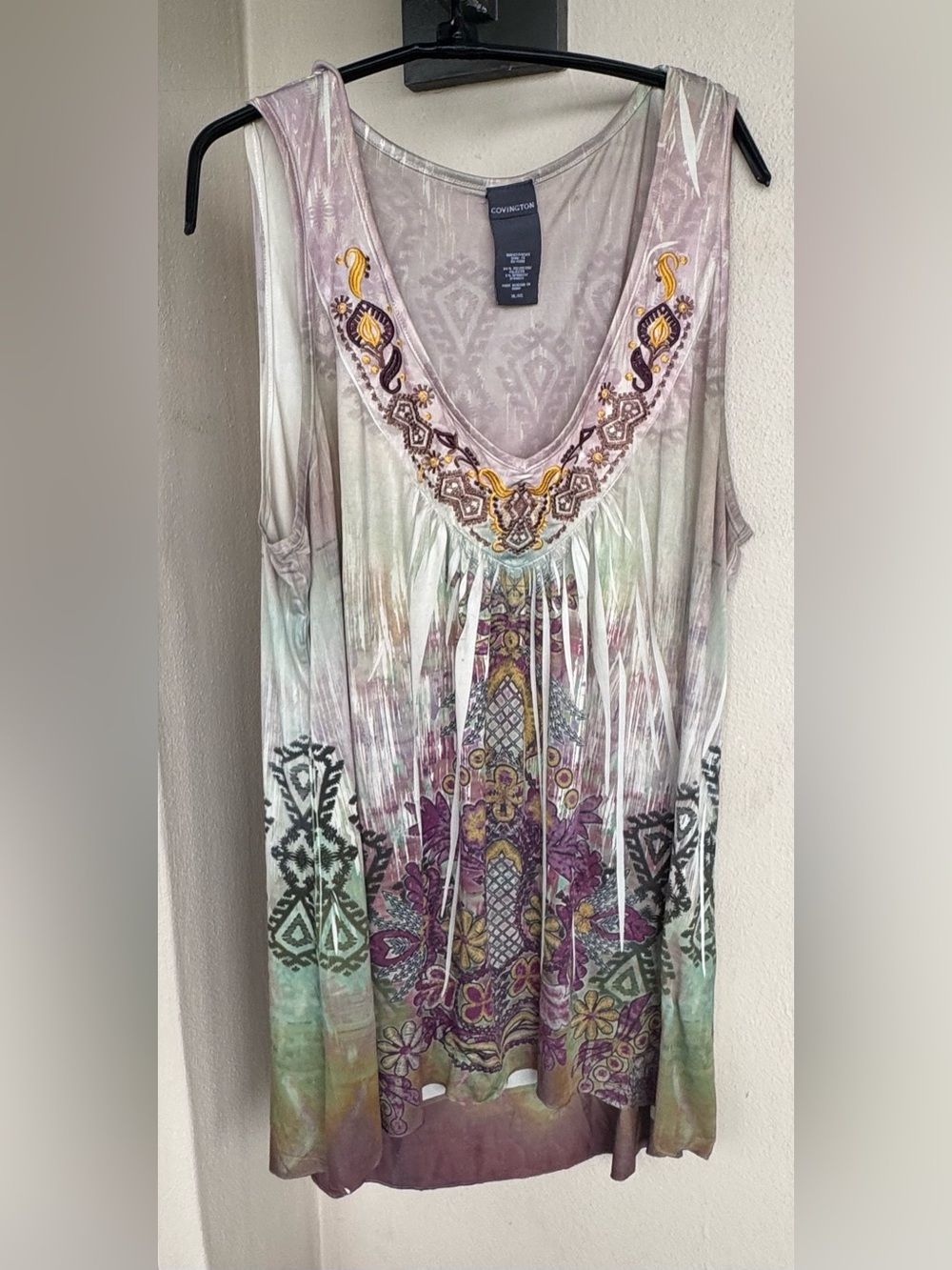Covington Women Sleeveless Tunic Floral/Geometric Tie-Dye Knit Stretch V-Neck XL